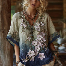 Load image into Gallery viewer, Classy Gradient Japanese Sakura Embroidered Linen Short Sleeve Shirt