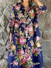 Load image into Gallery viewer, Women's Elegant Vintage Floral Print Shirt Style Cotton and Linen Dress