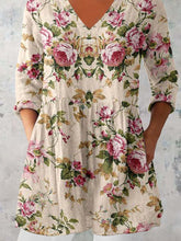 Load image into Gallery viewer, Women's Elegant Floral Pattern Round Neck Cotton and Linen Top
