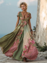 Load image into Gallery viewer, Vintage Pink Roses Gradient Patchwork Flowy Linen Maxi Dress
