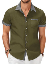 Load image into Gallery viewer, Men's summer cotton and linen houndstooth solid color short-sleeved shirt