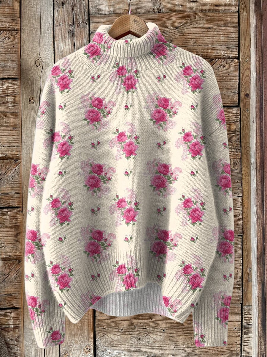 Watercolor French Rose Repeat Pattern Printed Knit Turtleneck Pullover Sweater