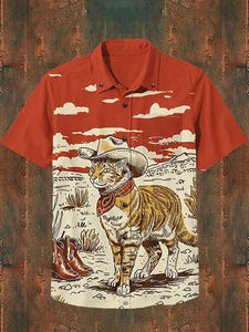 Men's Retro Western Cowboy Cat Print Cotton Blend Shirt