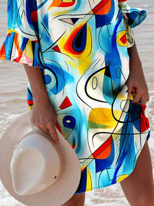 Women's Abstract Art Style Picasso Print Ruffled Dress