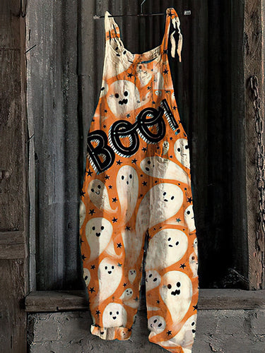 Halloween art-print loose-fit cotton and linen overalls