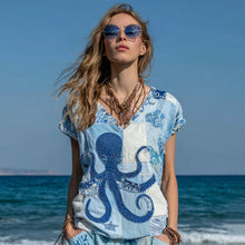 Load image into Gallery viewer, Women's Retro Japanese Octopus Art Stitching Casual Linen T-shirt