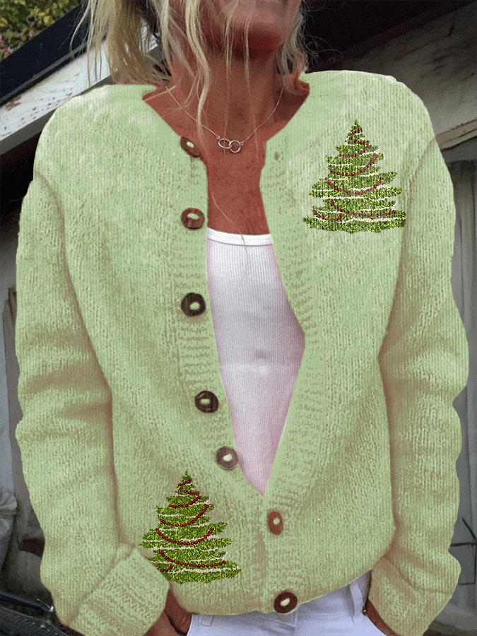 Women's Christmas Tree Print Knitted Cardigan