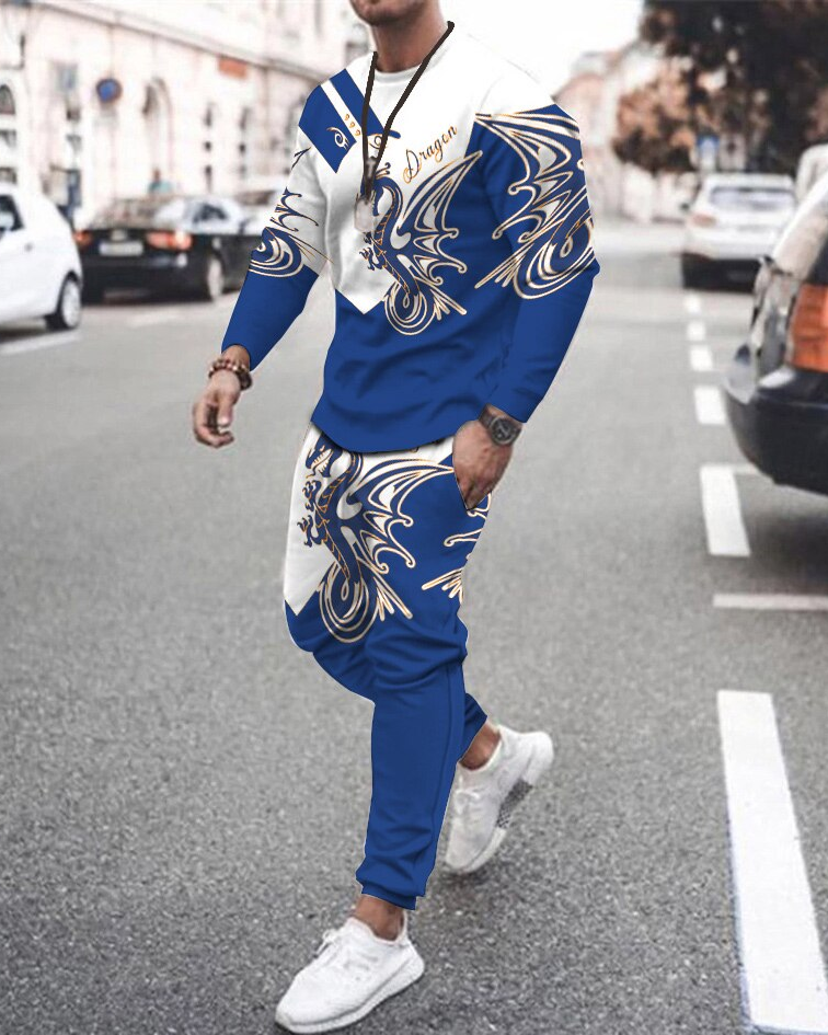 Men's casual color-block print color-block long-sleeved sports set 020
