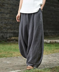 Cotton Linen Solid Color Elastic Waist Loose Casual Pants with Pocket