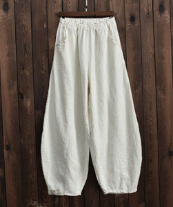 Cotton Linen Solid Color Elastic Waist Loose Casual Pants with Pocket
