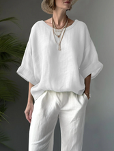 Load image into Gallery viewer, Women&#39;s Solid Color Shirt Comfortable Casual Round Neck Cotton Linen Loose Blouse