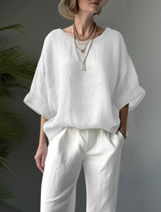 Women's Solid Color Shirt Comfortable Casual Round Neck Cotton Linen Loose Blouse
