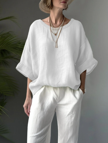 Women's Solid Color Shirt Comfortable Casual Round Neck Cotton Linen Loose Blouse