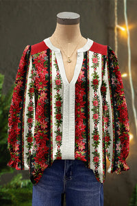 Gorgeous Christmas Flowers Print Puff Sleeve Top