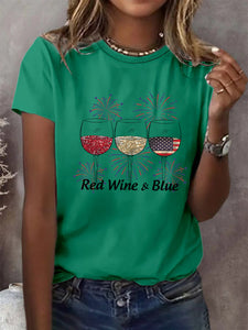 Women's Red Wine And Blue Print Casual T-Shirt