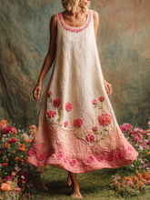 Load image into Gallery viewer, Pink Floral Embroidered Gradient Linen Tank Maxi Dress