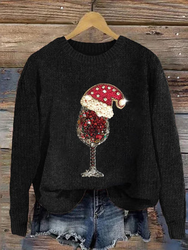 Women's Shiny Jewelry Red Wine Glass Graphic Christmas Casual Sweatshirt