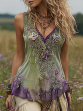 Load image into Gallery viewer, Vintage Green Purple Gradient Floral Embroidered V-neck Linen Blend Tank Top