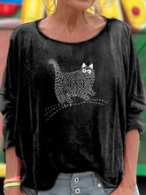 Load image into Gallery viewer, Women's Cute Cat Japanese Art Embroidered Long Sleeve T-shirt
