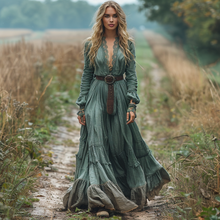 Load image into Gallery viewer, Women's Retro V-neck Country Pastoral Linen Style Long-sleeve Casual Maxi Long Dress
