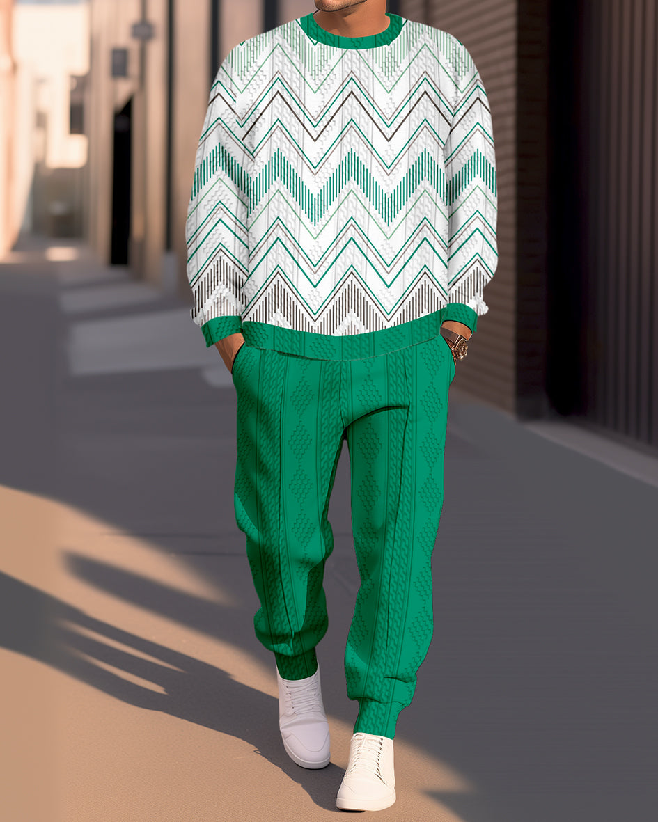 Men's Textured Jacquard Round Neck Casual Sports Set  011