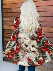 Christmas Cat Print Long Sleeve Casual Cardigan