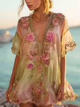 Load image into Gallery viewer, Vintage Boho Floral Embroidery Gradient Women's V-neck Loose Mini Dress