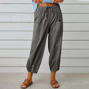 High Waisted Button Cotton Linen Wide Leg Cropped Pants