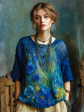 Load image into Gallery viewer, Vintage Oil Painting Floral Embroidered Contrast Flowy Linen Shirt