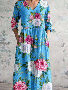 Women's Rose Floral V-Neck Resort Dress