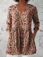 Load image into Gallery viewer, Women's Retro Floral Art Print Casual Cotton And Linen V-neck Top