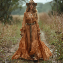 Load image into Gallery viewer, Women's Retro V-neck Country Pastoral Linen Style Long-sleeve Casual Maxi Long Dress