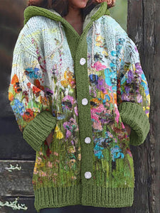 Floral Painting Art Warm Cozy Hooded Cardigan