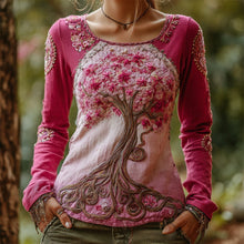 Load image into Gallery viewer, Viking Pink Tree Of Life Embroidered Women's Linen Long Sleeve Shirt