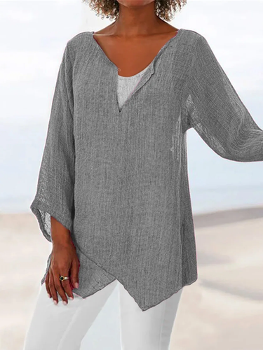 V Neck Asymmetric Solid Causal Tunic Topss