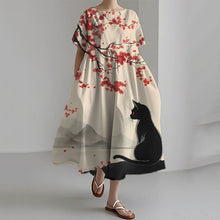 Load image into Gallery viewer, Women's Japanese Cherry Blossom Black Cat Print Short Sleeve Dress