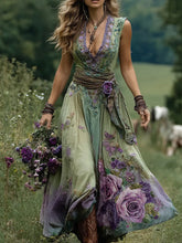 Load image into Gallery viewer, Vintage Purple Floral V Neck Sleeveless Maxi Dress