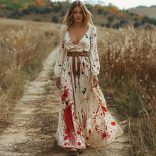 Load image into Gallery viewer, Women's Retro V-neck Pastoral Halloween Party Style Long-sleeve Maxi Long Dress