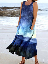 Load image into Gallery viewer, Women's Watercolor Starry Night Mountain Landscapes Print Short Sleeve Dress With Pockets