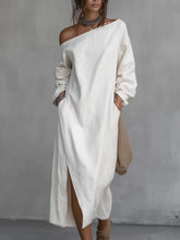 Load image into Gallery viewer, Loose-fitting One Shoulder Split Hem Cotton Linen Midi Dress