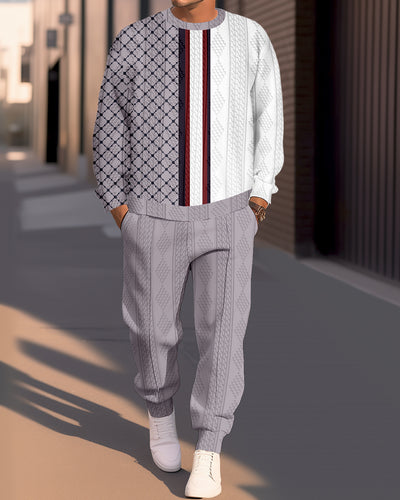 Men's Textured Jacquard Round Neck Casual Sports Set  014