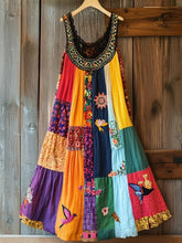 Load image into Gallery viewer, Boho Floral Embroidered Patchwork Linen Blend Dress a7fb