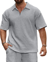 Load image into Gallery viewer, Men's summer jacquard small square solid color zipper casual short-sleeved POLO shirt
