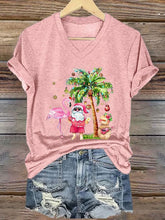 Load image into Gallery viewer, Women&#39;s Christmas Palm Tree Flamingo Print V-Neck T-Shirt