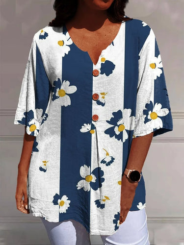 Women's Tulip Floral Pattern Print Casual V-neck Shirt