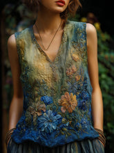 Load image into Gallery viewer, Vintage Oil Painting Floral Embroidered Contrast Flowy Linen Sleeveless Top