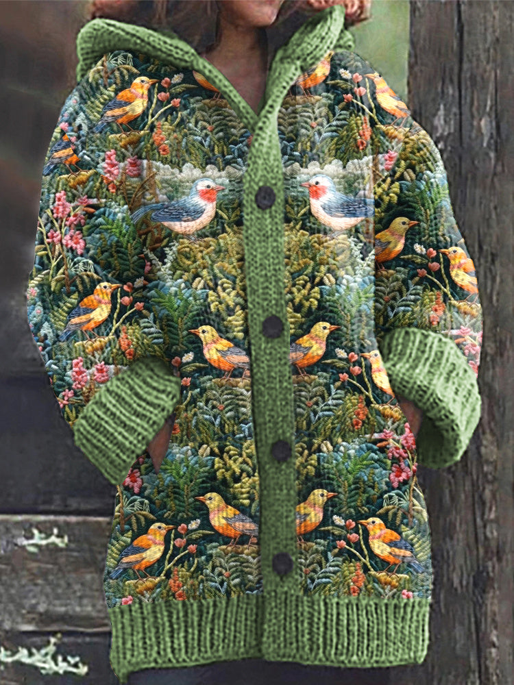 Flowers and Birds Embroidery Pattern Cozy Knit Hooded Cardigan