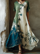 Load image into Gallery viewer, Women's Vintage Oil Painting Flowers And Bamboo Leaves Art Round Neck Dress