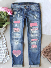 Load image into Gallery viewer, Vintage Valentine's Day Leopard Pink Heart Print Ripped Jeans