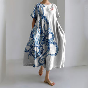 Vintage Japanese Art Octopus Print Casual Midi Dress